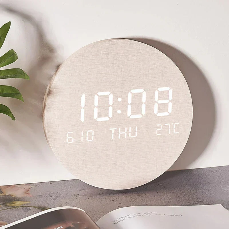Wooden Desk Clock with LED Display and Alarm Function