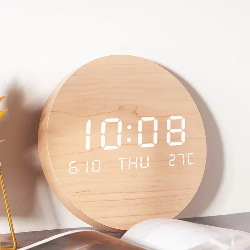 Wooden Desk Clock with LED Display and Alarm Function