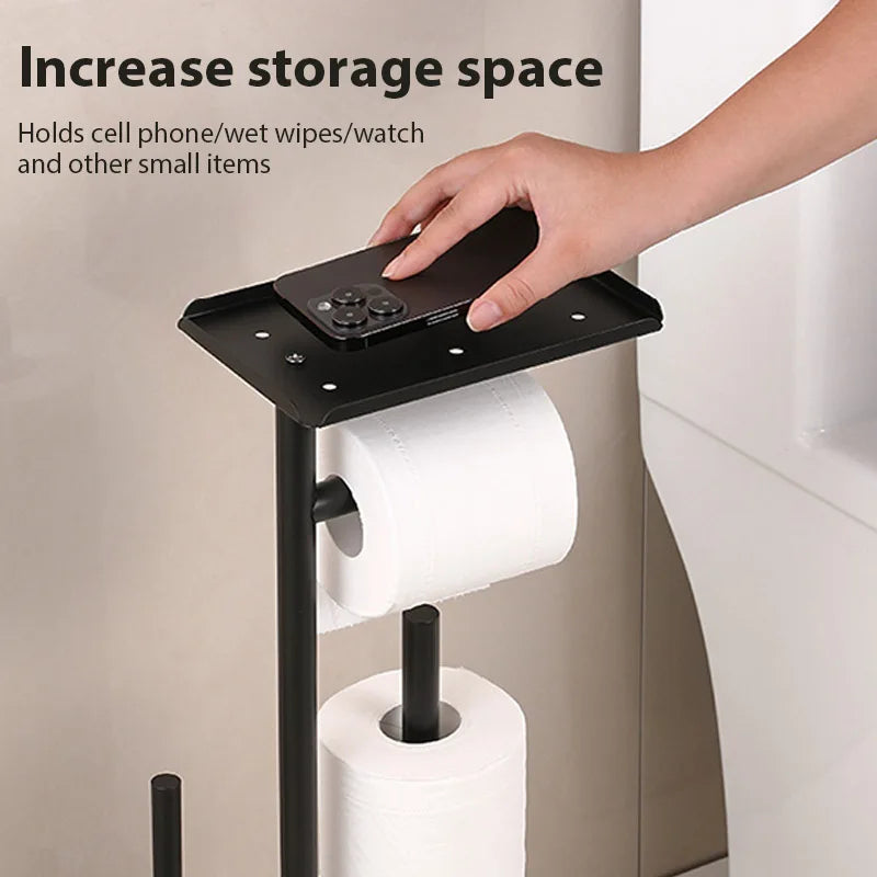 Toilet Paper Holder with Brush and Storage Shelf
