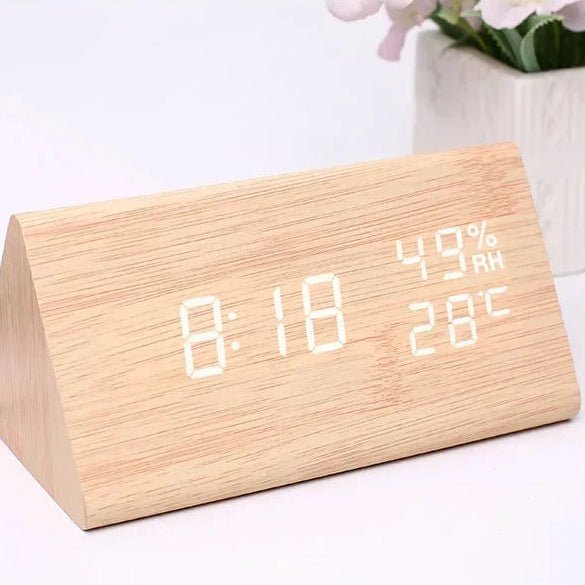 Wooden Look LED Alarm Clock with 3 Alarms & Temperature Display