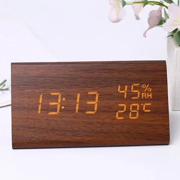 Wooden Look LED Alarm Clock with 3 Alarms & Temperature Display