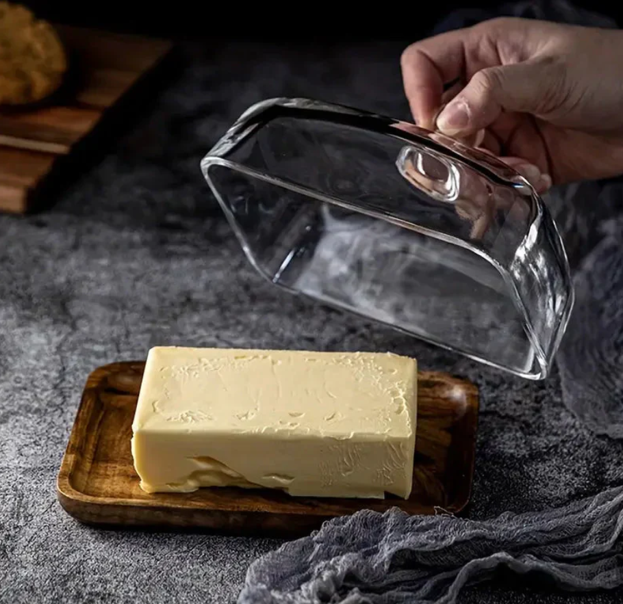 Butter Container with Glass Lid and Wooden Base