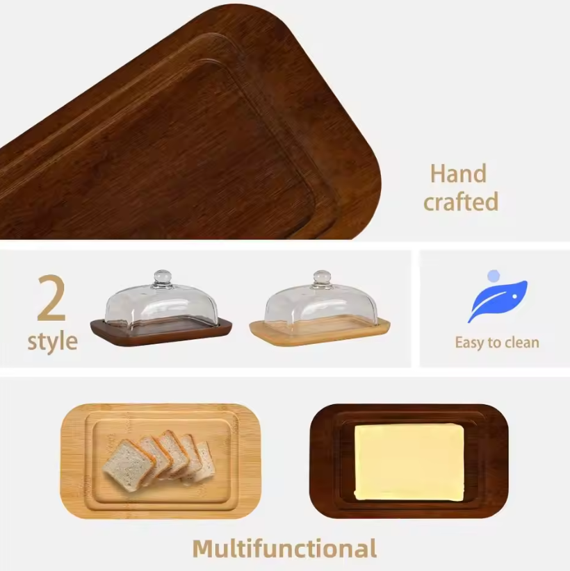 Butter Container with Glass Lid and Wooden Base