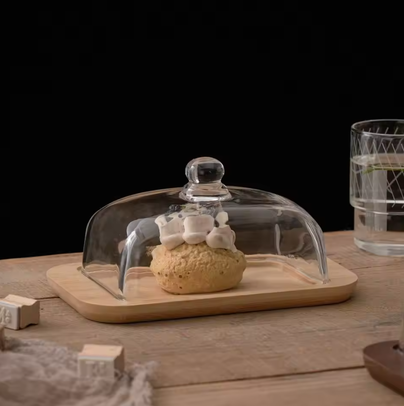 Butter Container with Glass Lid and Wooden Base