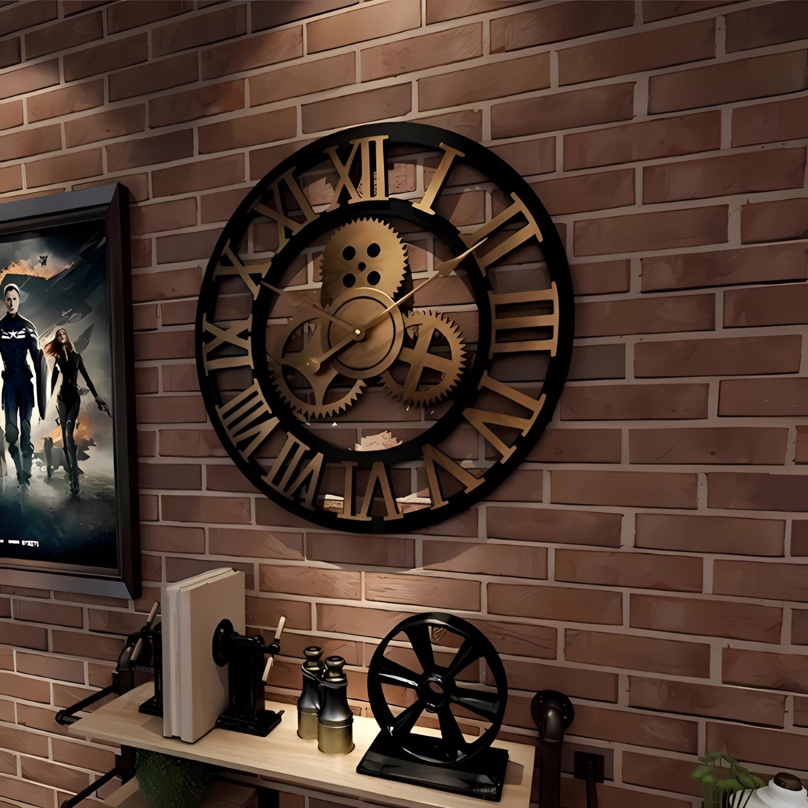 Steampunk Black Metal Wall Clock with Oversized Roman Numerals