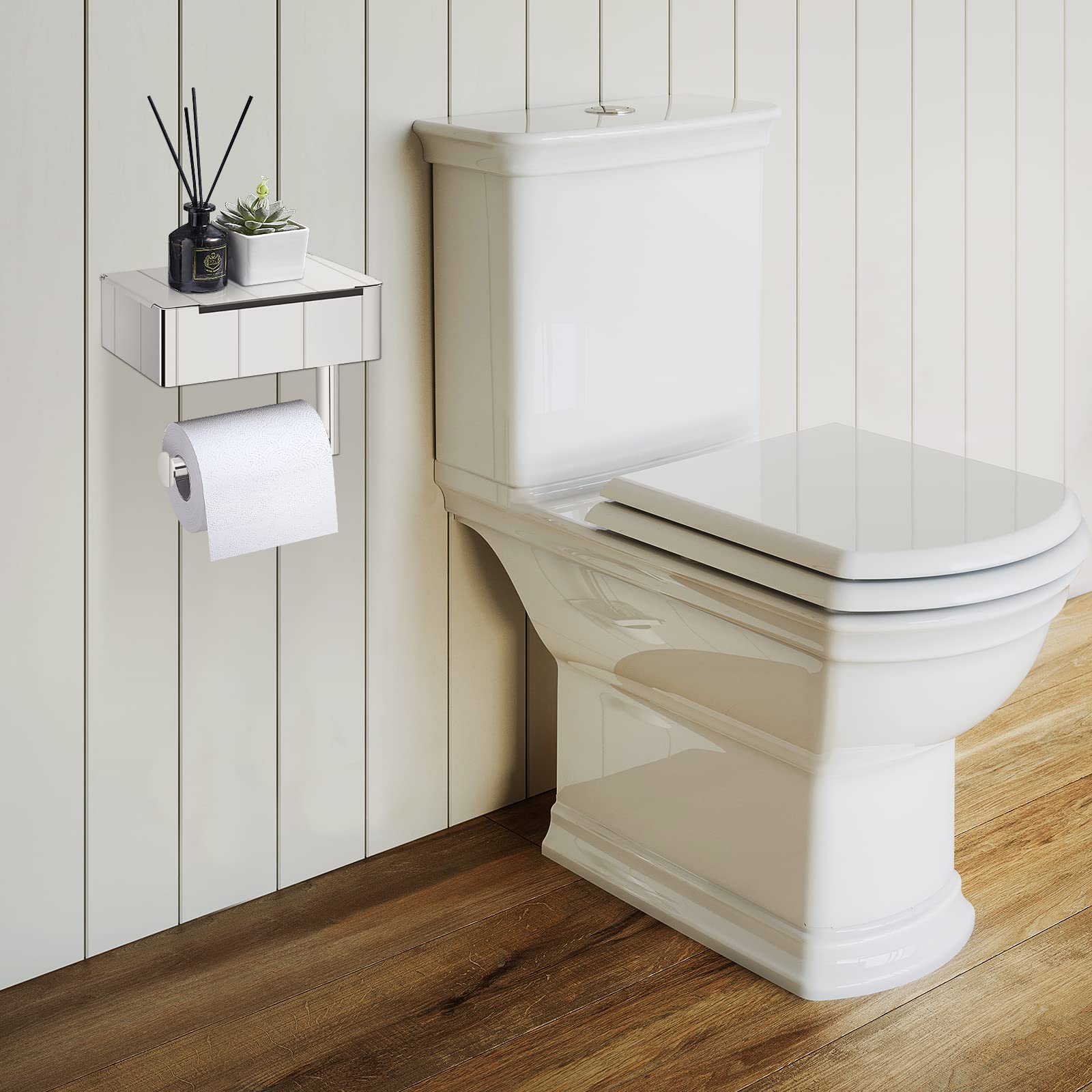 Tissue Dispenser | Stainless Steel Bathroom Paper Holder | 2-in-1 Holder with Shelf | SteelShelf