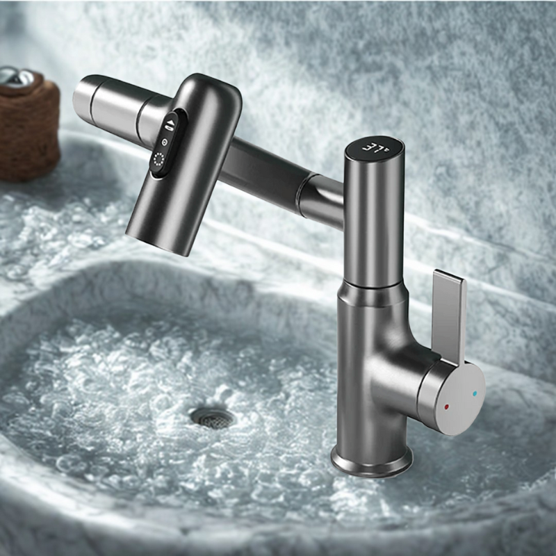 360-Degree Rotating Faucet with Height Adjustment and Temperature Indicator