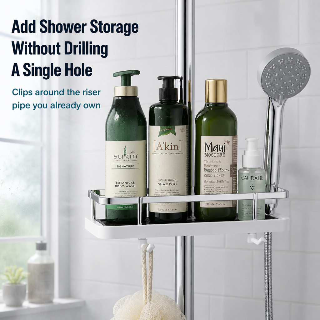 AquaNest™ — Clip One Adjustable Tray Onto Your Shower Pipe, No Drilling