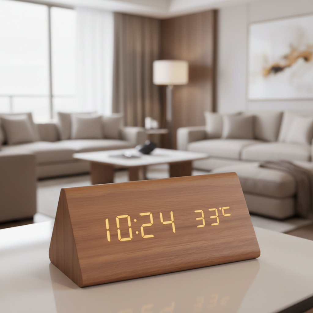 Minimalist Wooden LED Clock with Voice Activation and Clap Control