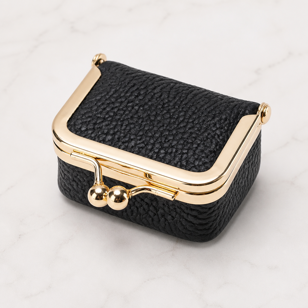 GlimmerGuard™ – Genuine Leather Mini Jewelry Case with Gold Kiss-Lock Clasp
