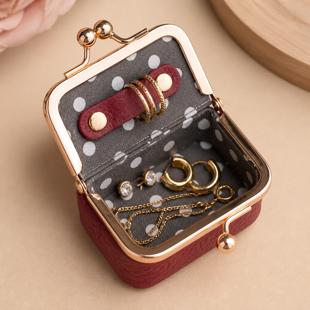 GlimmerGuard™ – Genuine Leather Mini Jewelry Case with Gold Kiss-Lock Clasp