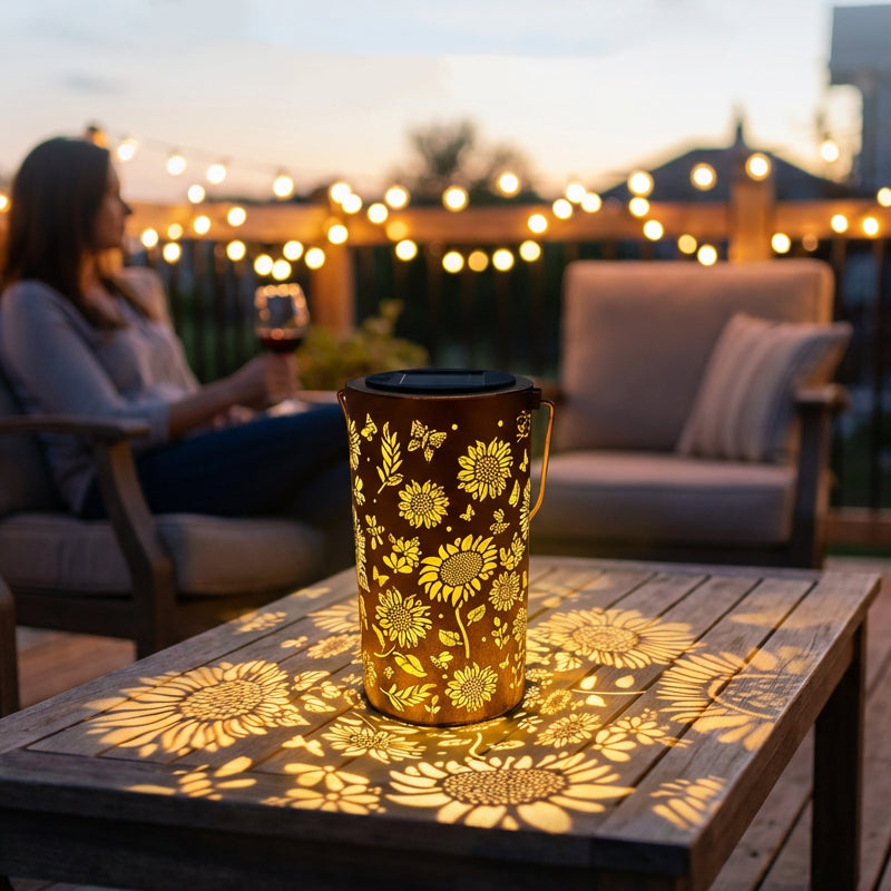 Solar garden lamp featuring sunflower design
