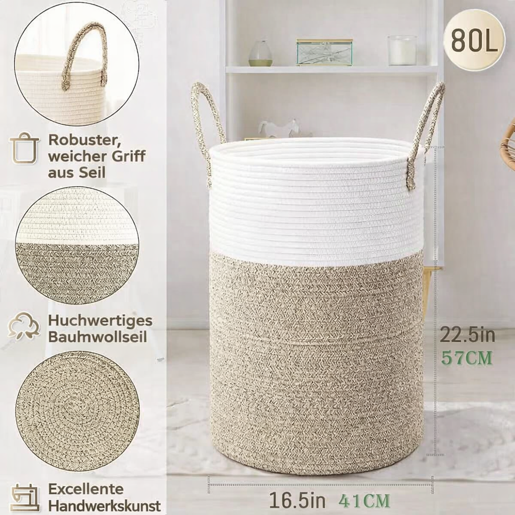 Collapsible Cotton Basket | 60L Laundry Hamper | Trendy Storage | RopeBasket