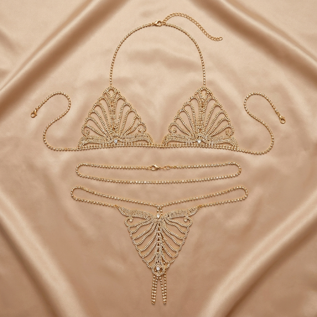 CelestiShine™ – Crystal Rhinestone Body Chain Lingerie Set with Butterfly Thong
