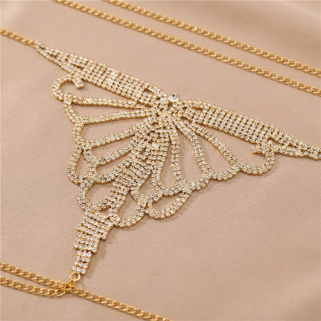CelestiShine™ – Crystal Rhinestone Body Chain Lingerie Set with Butterfly Thong