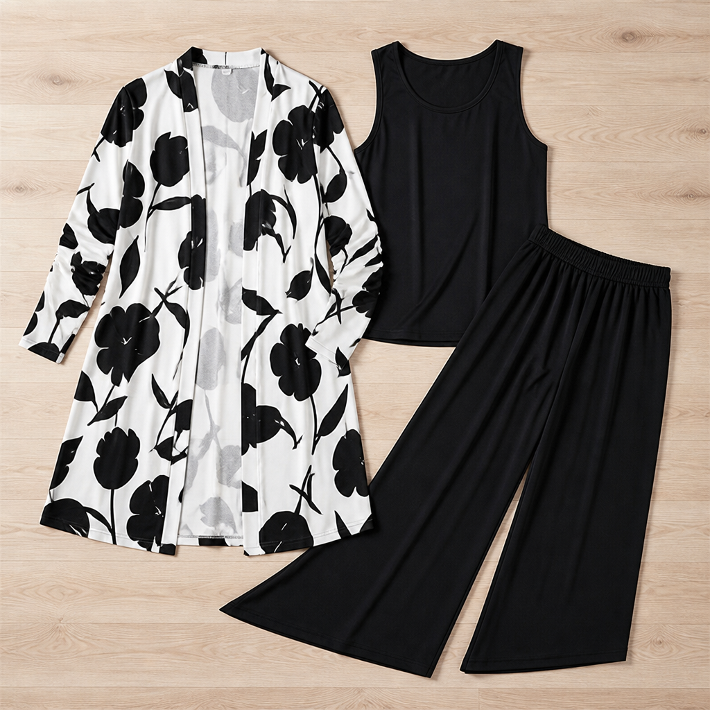 AuraLuxe™ – Elegant Floral Cardigan & Wide-Leg Pant 3-Piece Set