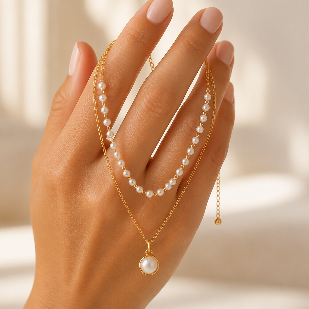 LuminaLuxe™ – Dainty Layered Pearl Necklace with 18k Gold-Plated Chain