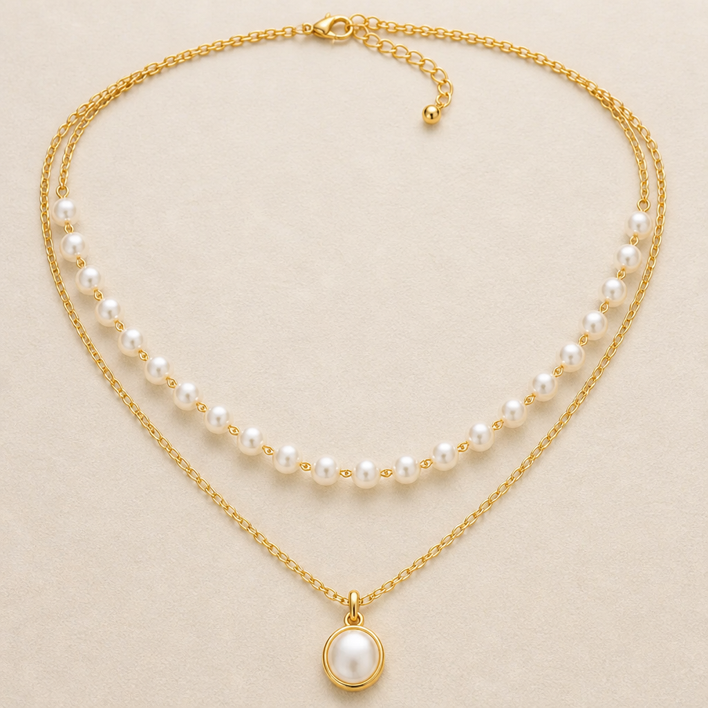 LuminaLuxe™ – Dainty Layered Pearl Necklace with 18k Gold-Plated Chain