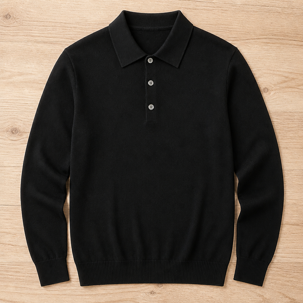 LuxeWave™ – Fine-Knit Long-Sleeve Polo with Three-Button Placket