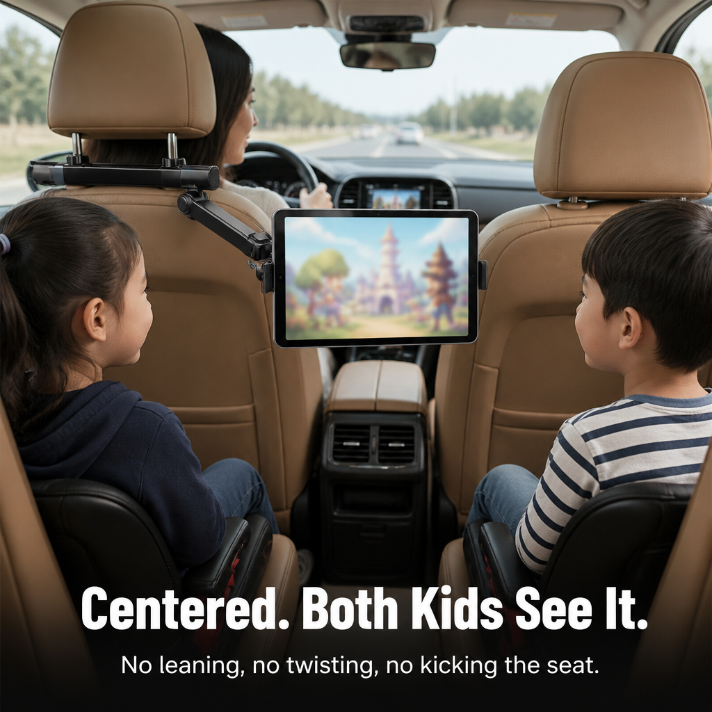 RoadEase™ — Mount Your Tablet Dead-Center Between Both Headrests for Strain-Free Backseat Viewing