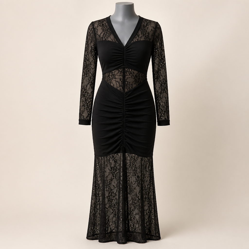 Ravissa™ – Sculpting Lace V-Neck Maxi Dress with Ruched Midsection
