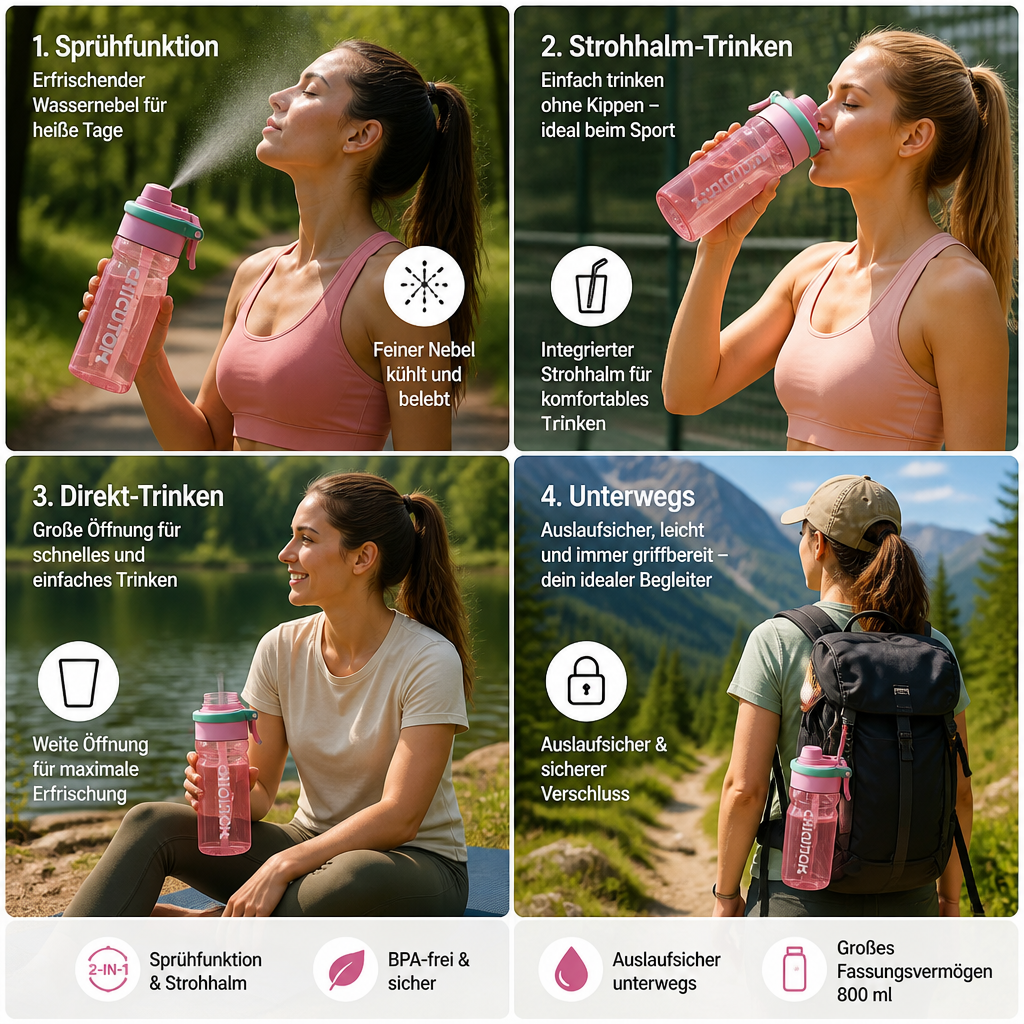 Sports Water Bottle with Spray Function and Straw