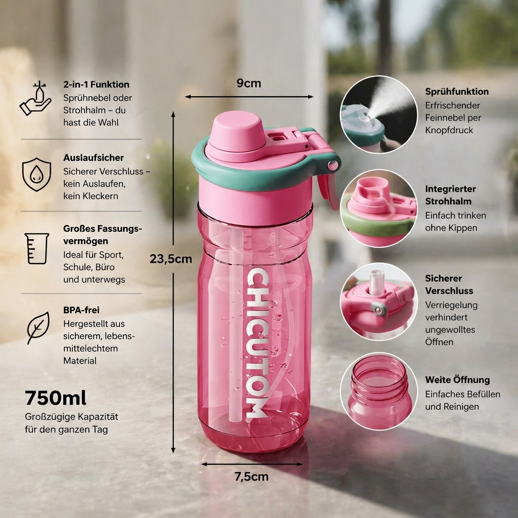 Sports Water Bottle with Spray Function and Straw