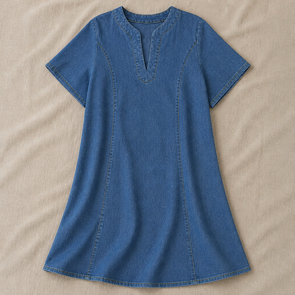 VarelaChic™ – Relaxed V-Neck Denim Shift Dress with Pockets