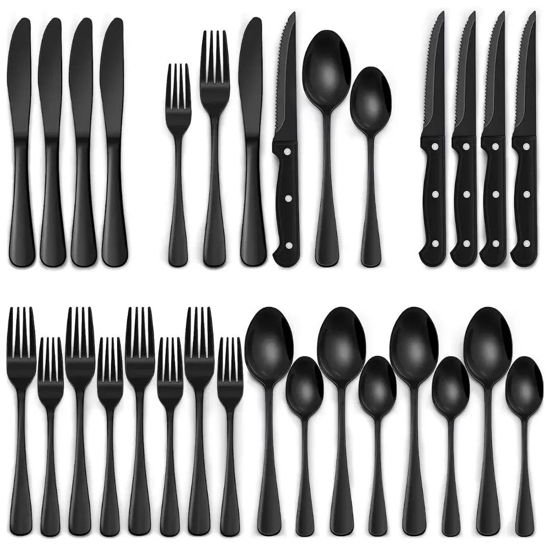 Cutlery Set | 24-Piece Matte Black Design | Includes Steak Knives | CutleryCraft