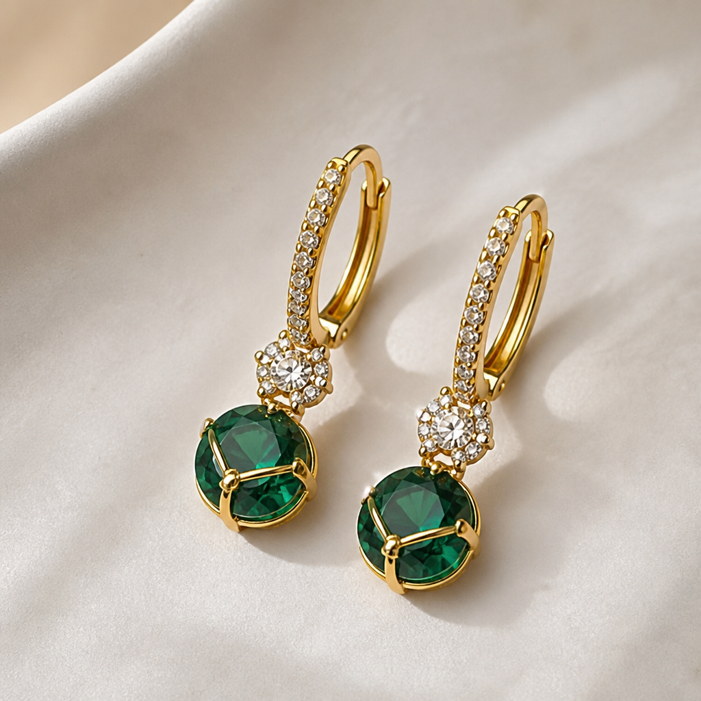 SolaraLuxe™ – Pavé Gold Hoop Earrings with Emerald Crystal Drop