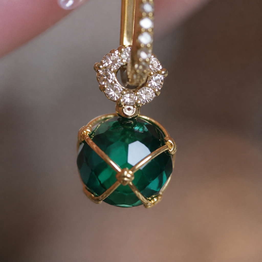 SolaraLuxe™ – Pavé Gold Hoop Earrings with Emerald Crystal Drop