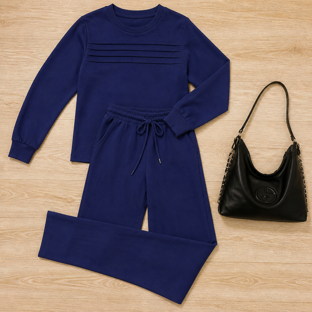 LuxeLoom™ – Relaxed Pleated Lounge Set with Wide-Leg Drawstring Pants