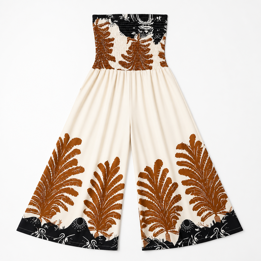 SolaraBreeze™ – Tropical Palm Print Strapless Palazzo Jumpsuit