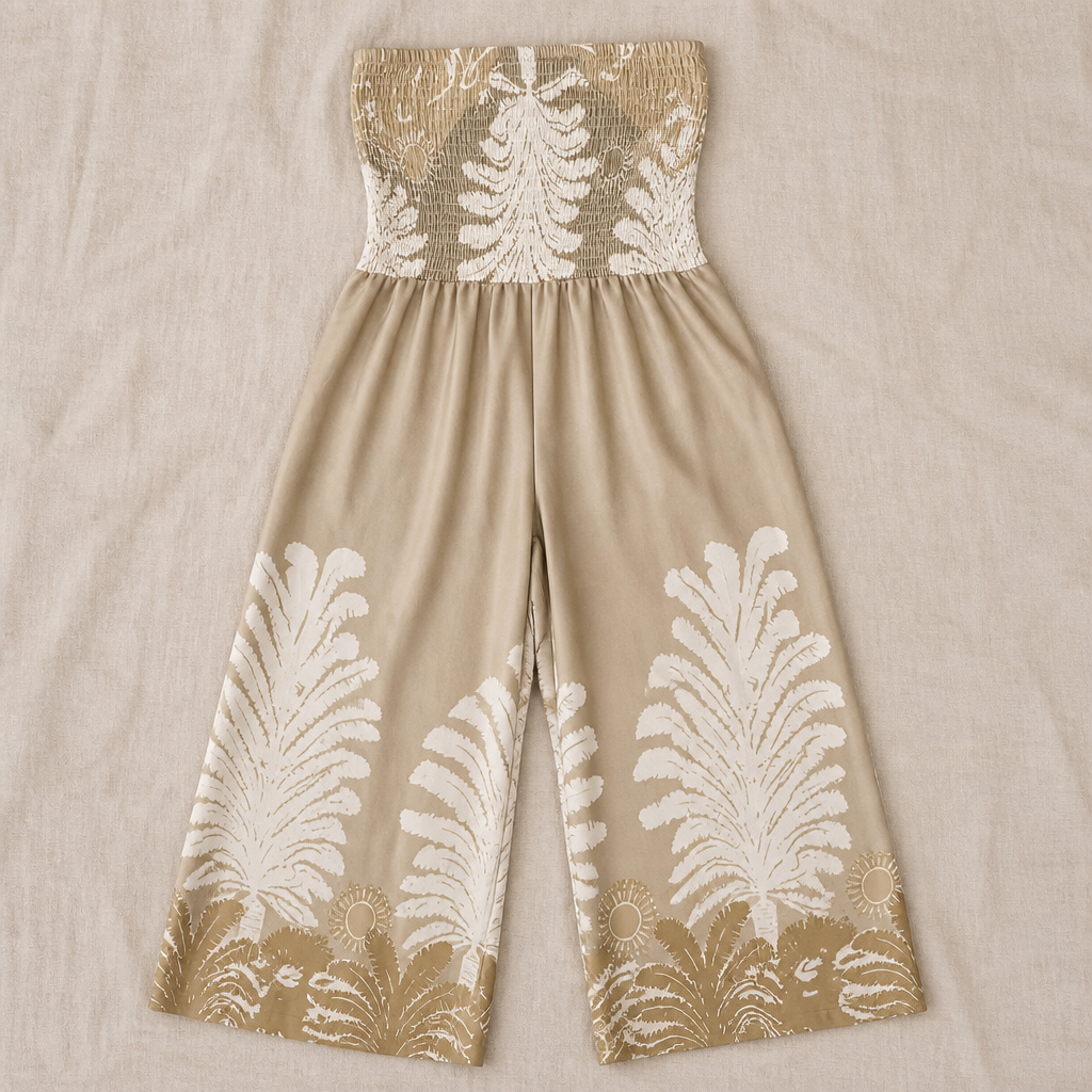 SolaraBreeze™ – Tropical Palm Print Strapless Palazzo Jumpsuit