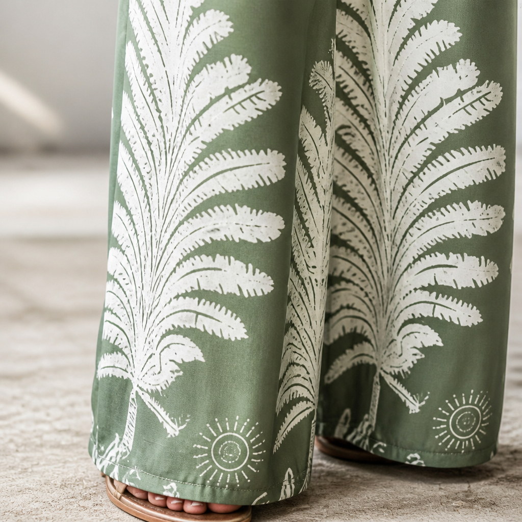 SolaraBreeze™ – Tropical Palm Print Strapless Palazzo Jumpsuit