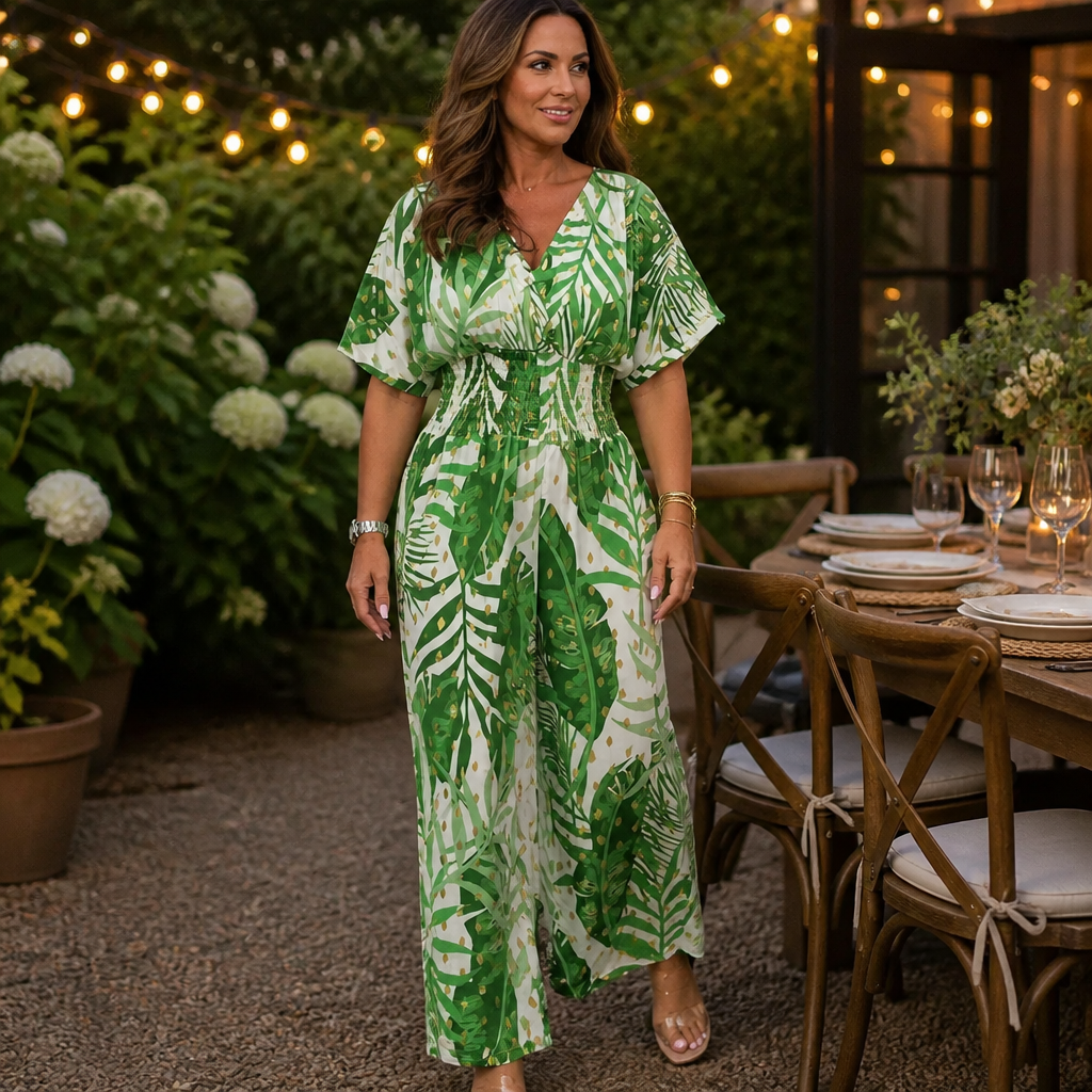 SerenaSculpt™ – Tropical Print V-Neck Wide-Leg Jumpsuit with Smocked Waist