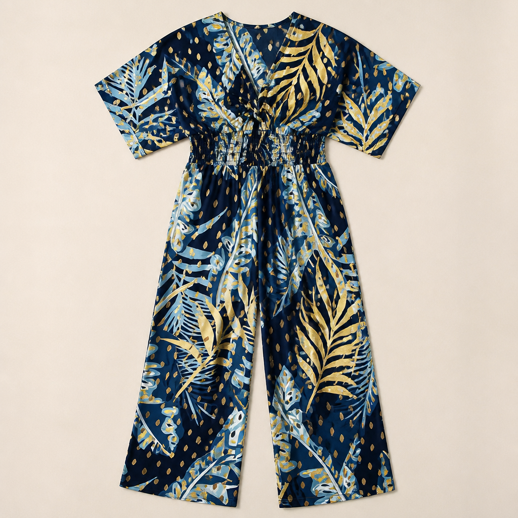 SerenaSculpt™ – Tropical Print V-Neck Wide-Leg Jumpsuit with Smocked Waist