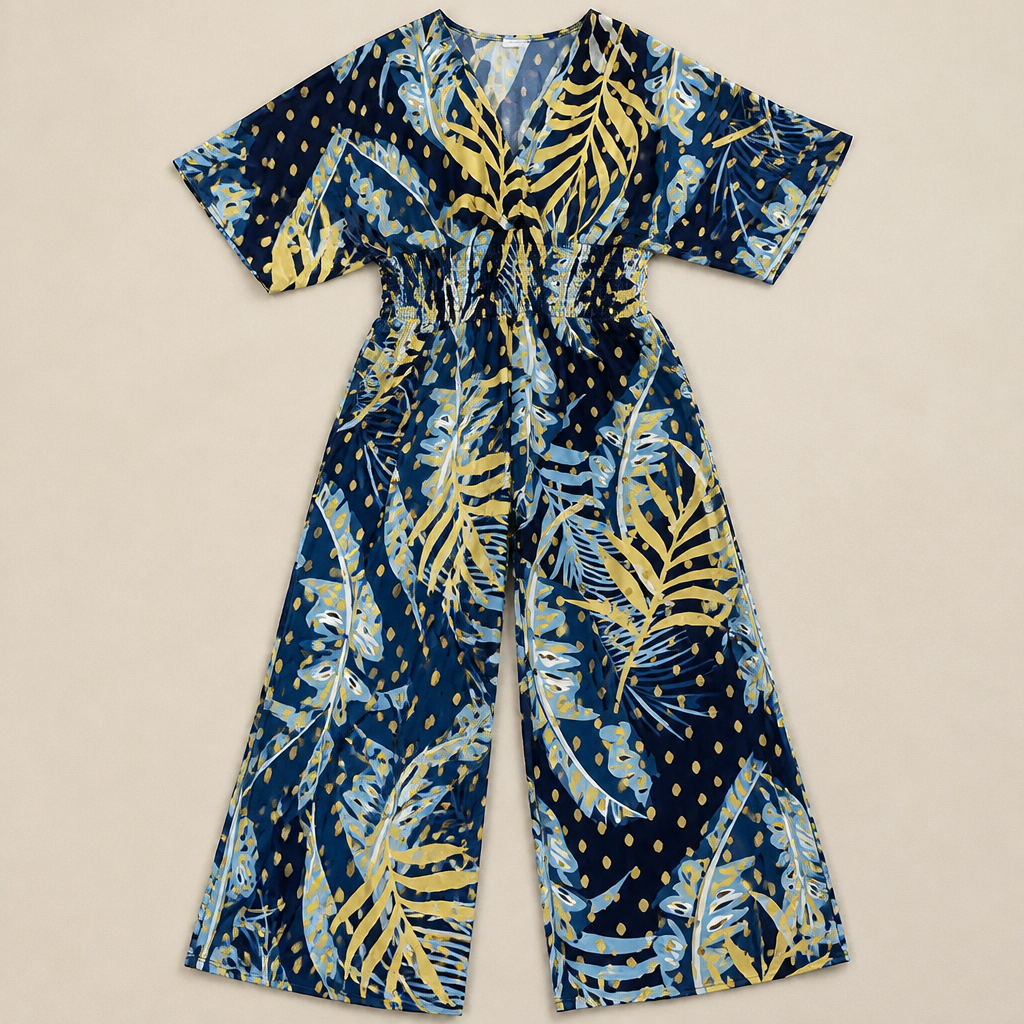 SerenaSculpt™ – Tropical Print V-Neck Wide-Leg Jumpsuit with Smocked Waist
