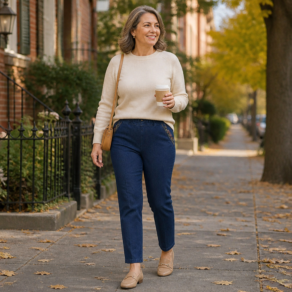 SculptEase™ – Pull-On Stretch Straight Leg Jeans with Embroidered Pockets