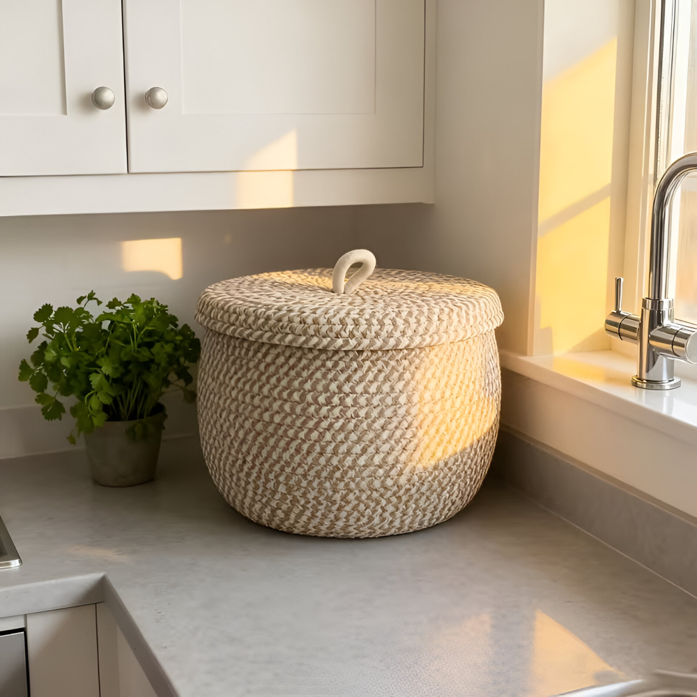 Handwoven Storage Basket | Round Woven Basket | Boho Style | CasaWeave