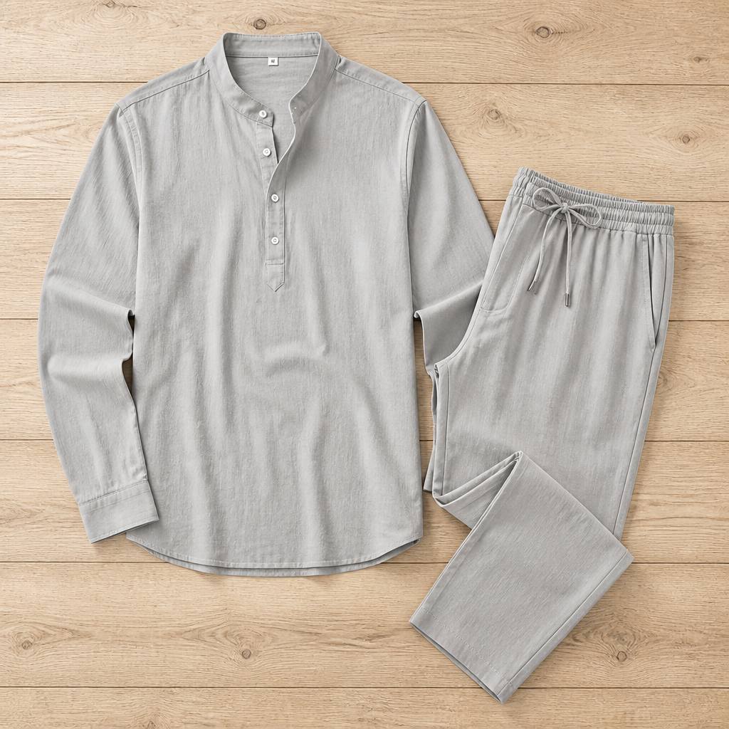 BreezyLife™ – Breathable Cotton-Blend Summer Shirt & Drawstring Pants Set