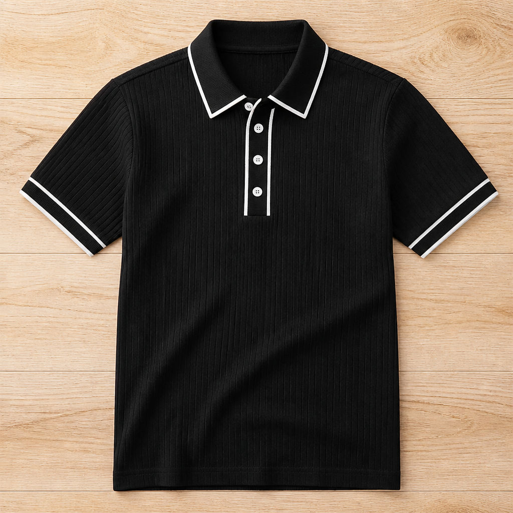 VeroStride™ – Retro Ribbed-Knit Polo with Contrast Tipped Collar