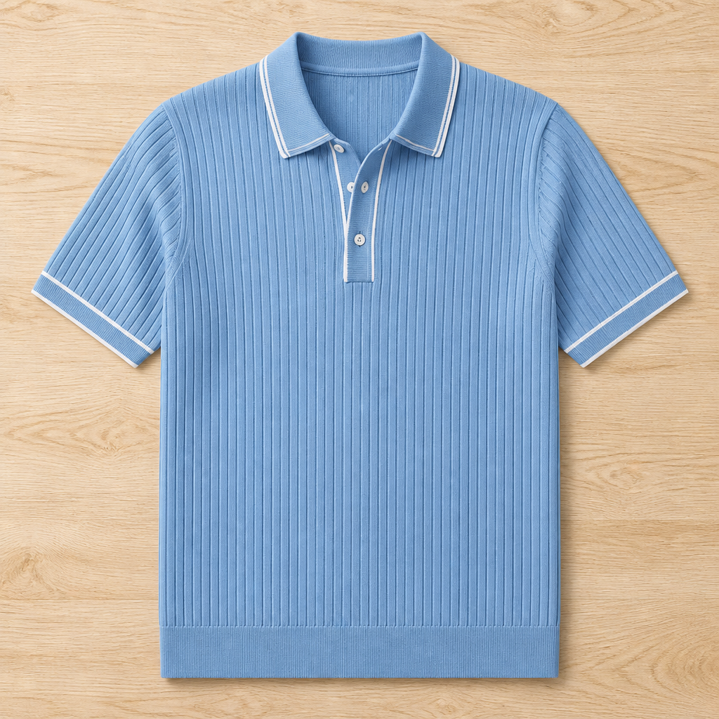 VeroStride™ – Retro Ribbed-Knit Polo with Contrast Tipped Collar