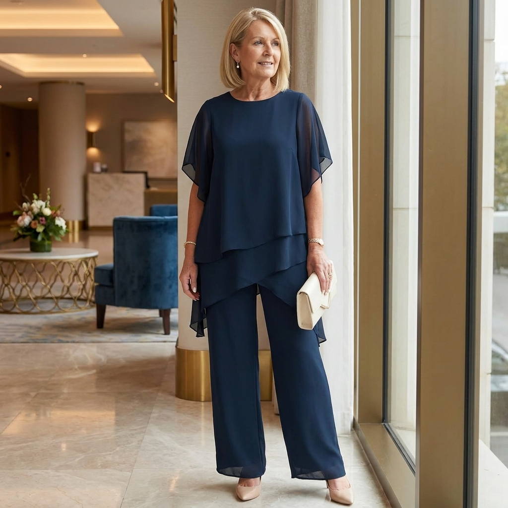 SerenLuxe™ – Elegant Chiffon Two-Piece Set with Asymmetric Layered Top