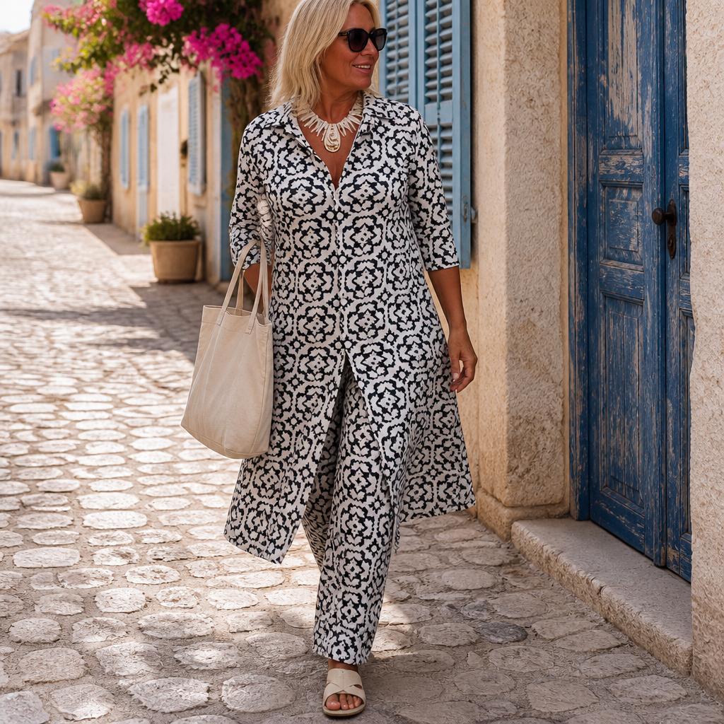 VireoLuxe™ – Bold Geometric Tunic and Straight-Leg Trouser Set