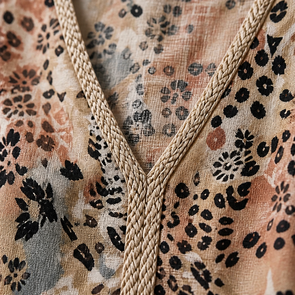 Aesthetic — printed boho midi dress sold on style, ease, and mature-vacation identity.