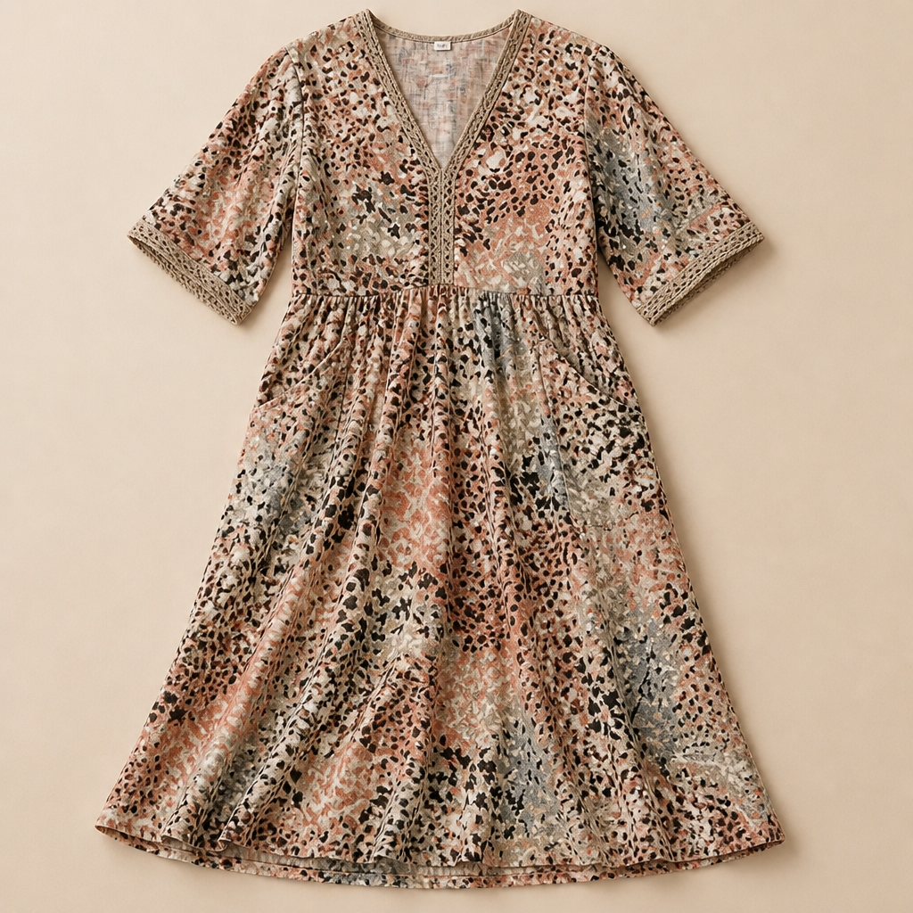 Aesthetic — printed boho midi dress sold on style, ease, and mature-vacation identity.