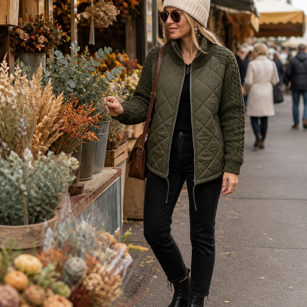 Norvelle™ – Cozy Quilted Winter Jacket with Cable-Knit Sleeves