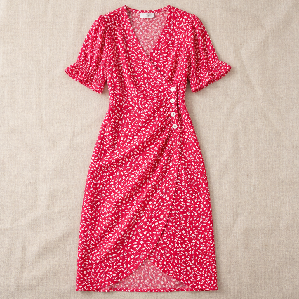 SeraphineAura™ – Ditsy Floral Wrap Midi Dress with Ruched Tulip Hem