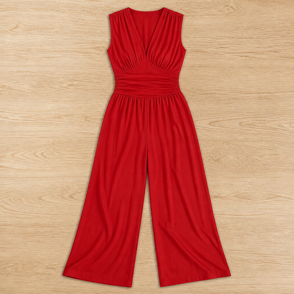 Verisse™ – Flowy Wide-Leg Jumpsuit with Ruched Waist and Deep V-Neck